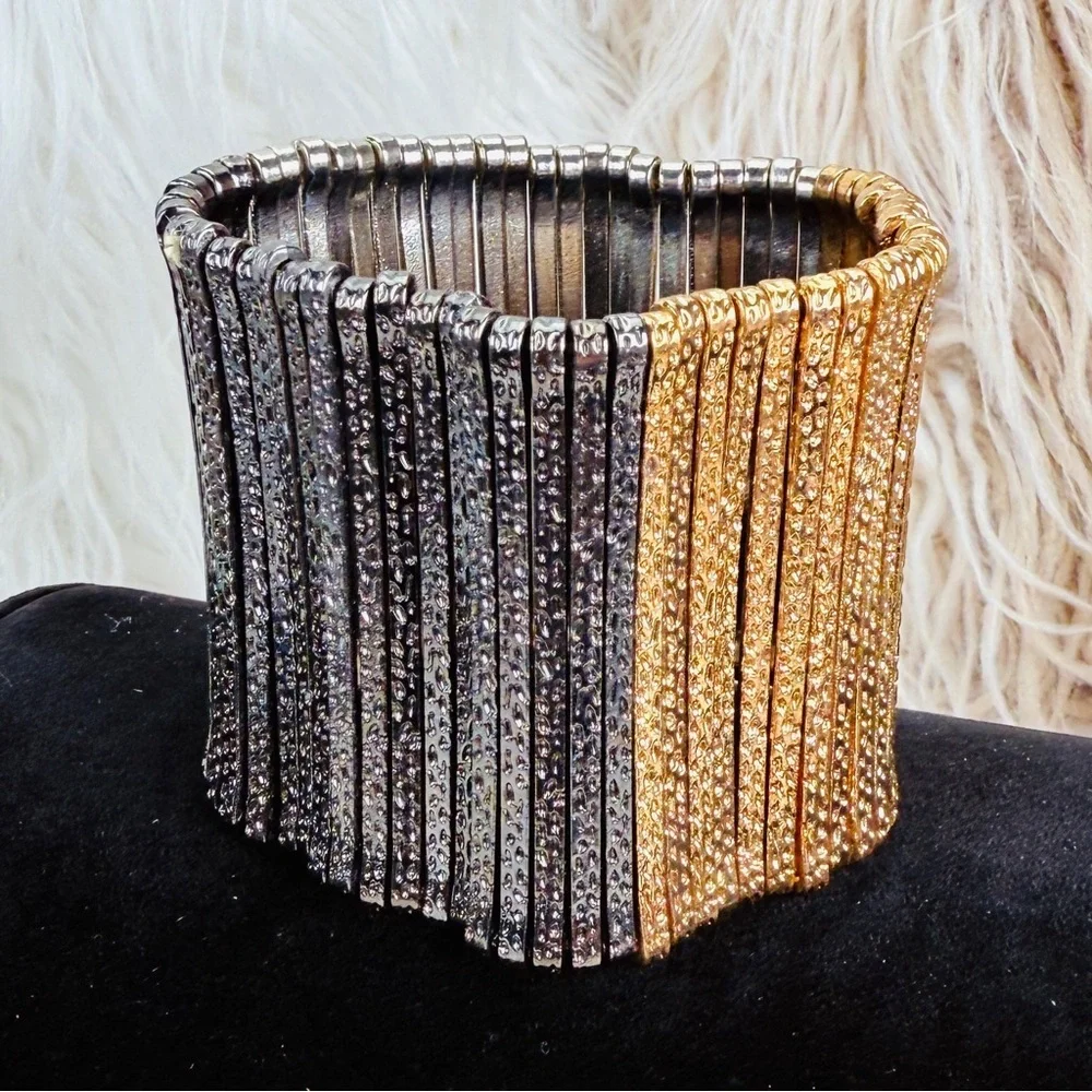 Silvertone aged Goldtone, black gunmetal wide band stretch bracelet